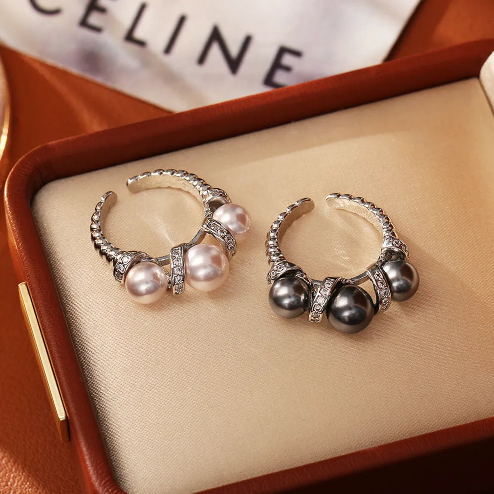 New open-end pearl ring copper real gold plated geometric round design unisex grey white