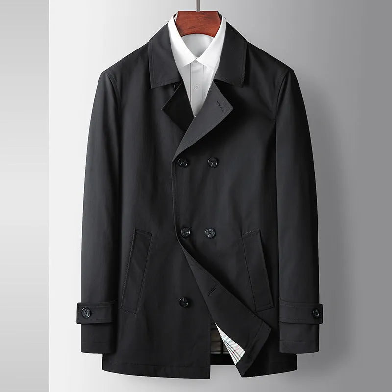 Men's light luxury double-breasted trench coat in blue, slim fit, lapel collar for casual wear