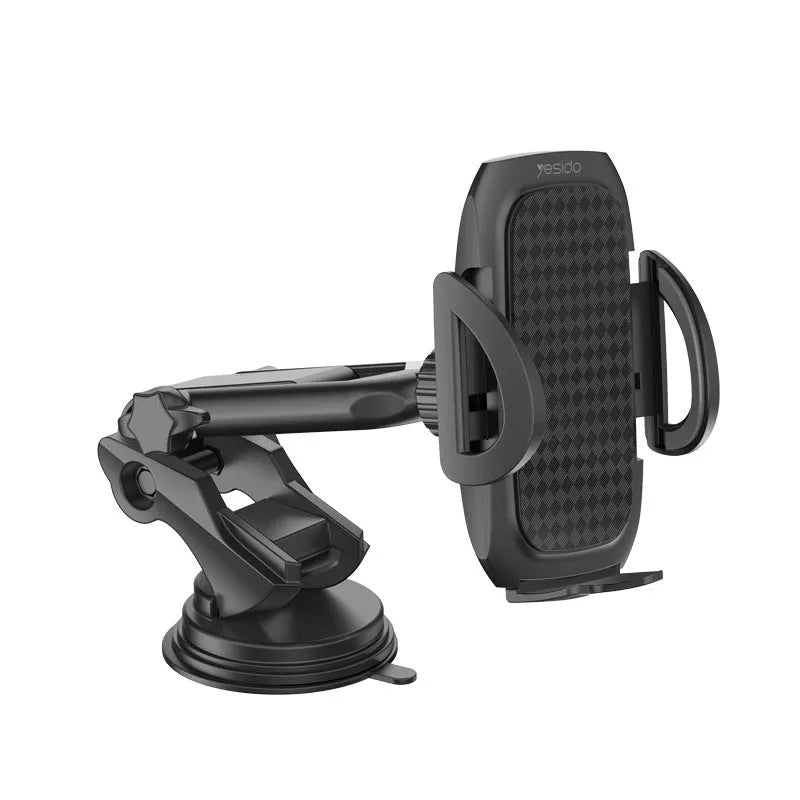 Black car phone bracket with double rod telescopic arm and sucker mount on a dashboard
