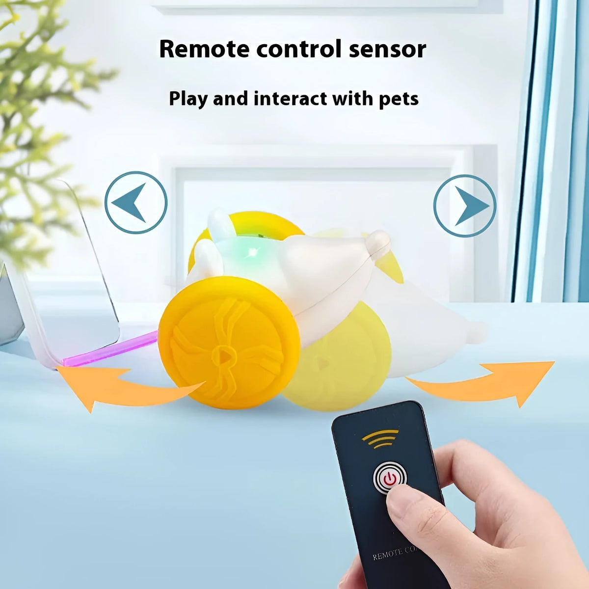 Electric moving mouse cat toy with remote control and charging cable on blue background
