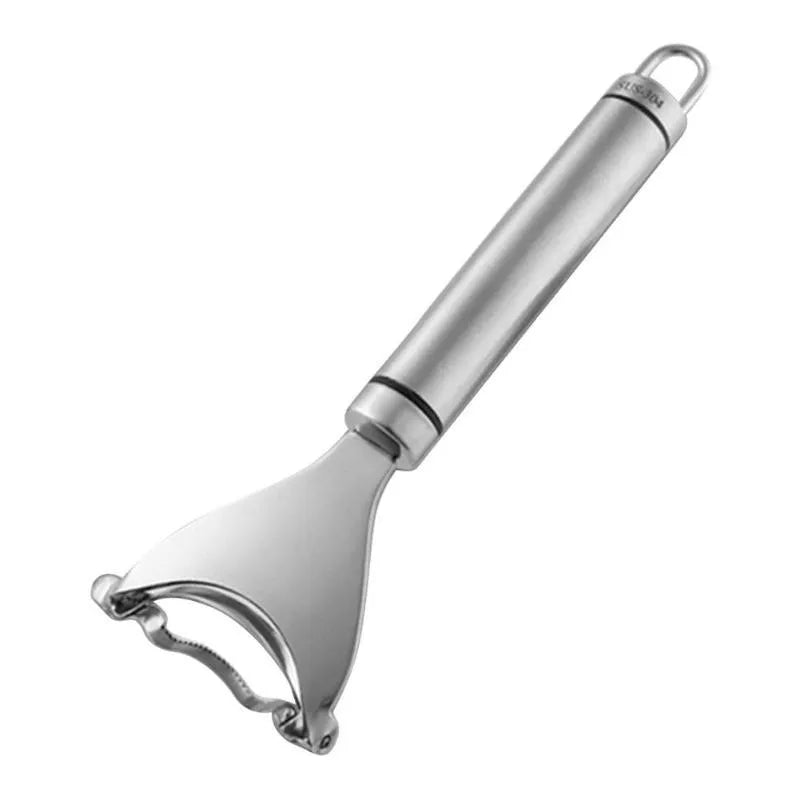 Stainless steel corn planer kitchen tool on a wooden surface