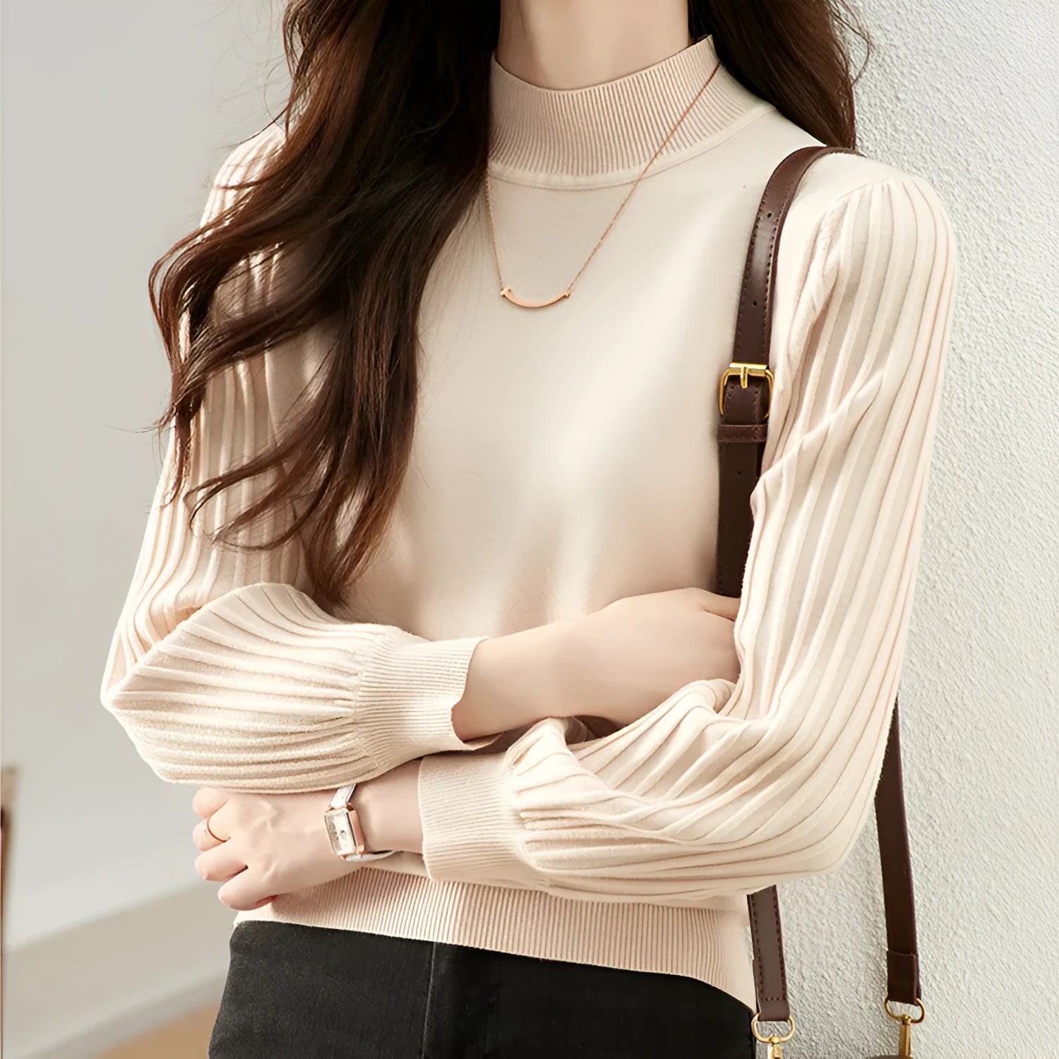 Slimming half turtleneck spandex shirt with sunken stripe design in apricot colour