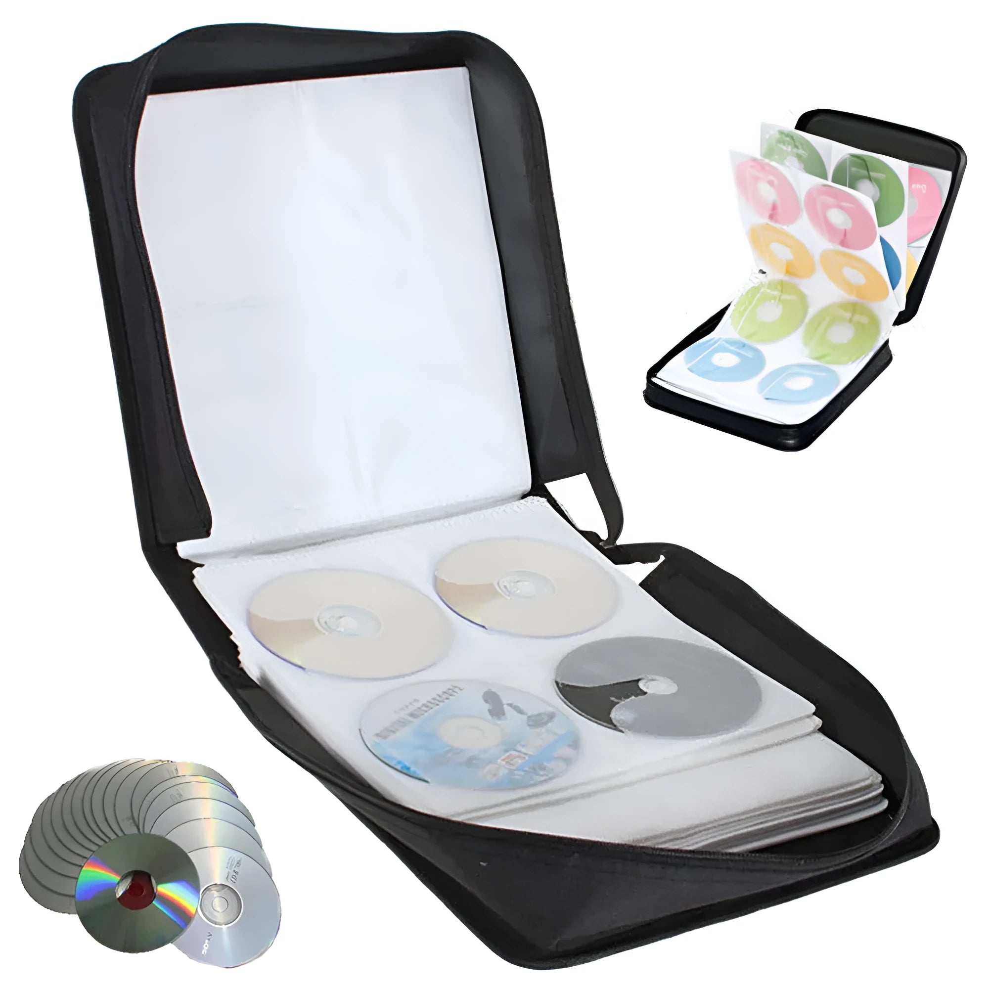 Black Oxford fabric CD storage binder with zipper closure and carrying strap