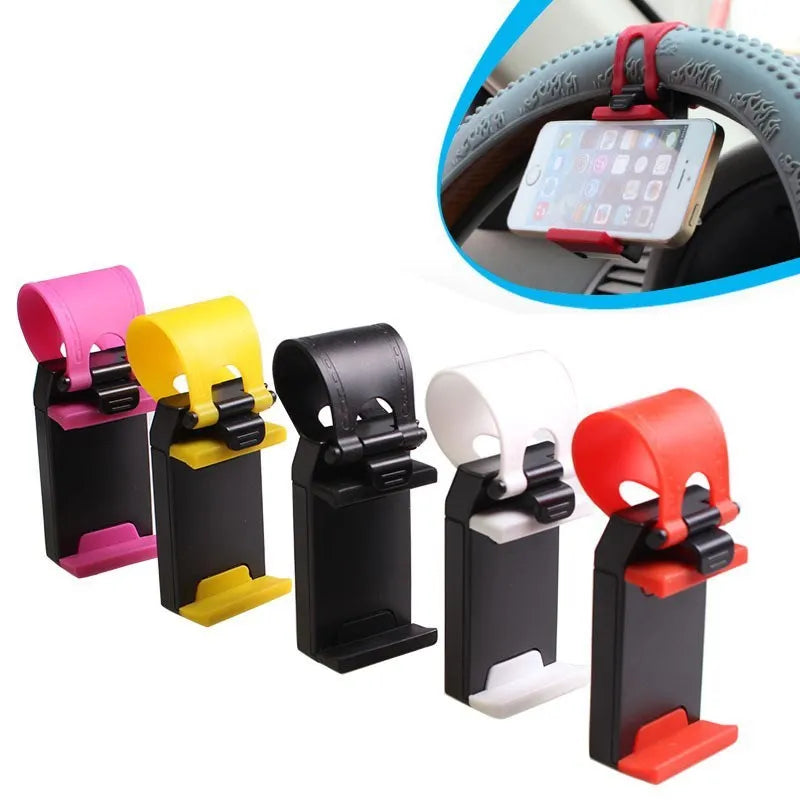 Black universal steering wheel phone clip holder mounted with a smartphone displaying a map.