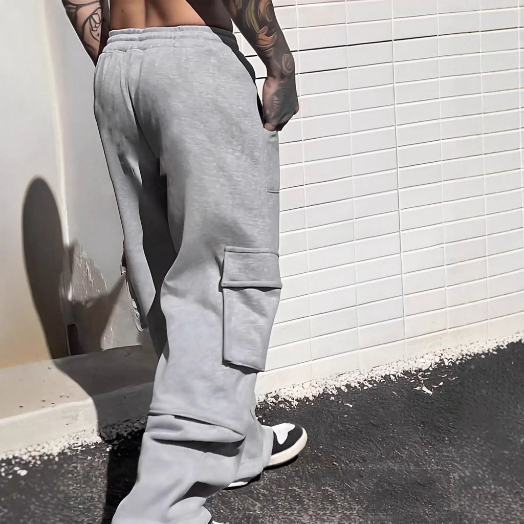 Loose wide leg American gray track sweatpants for teenagers in plus size, black colour, elastic waistband, polyester fibre