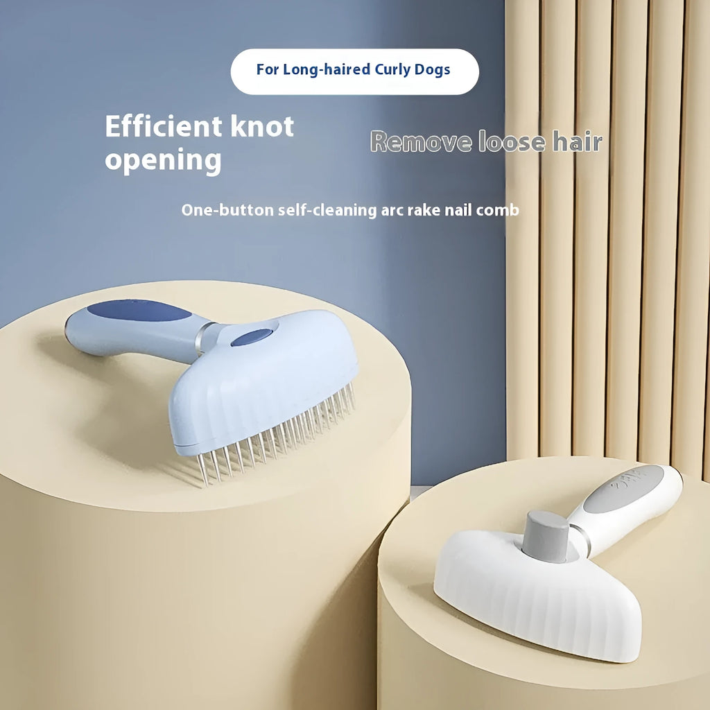 Stainless steel double row dog grooming comb in azure light blue on a white background.