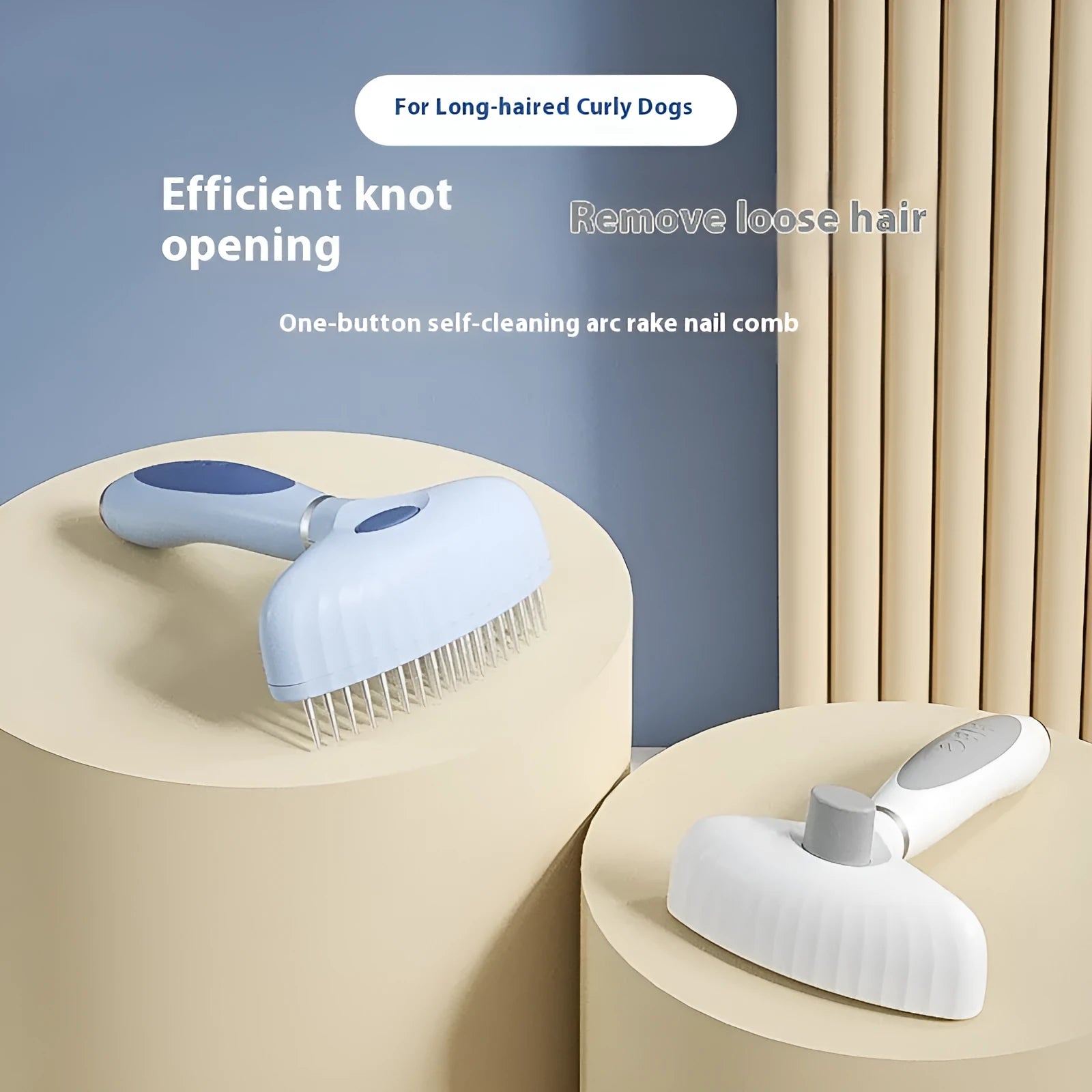 Stainless steel double row dog grooming comb in azure light blue on a white background.