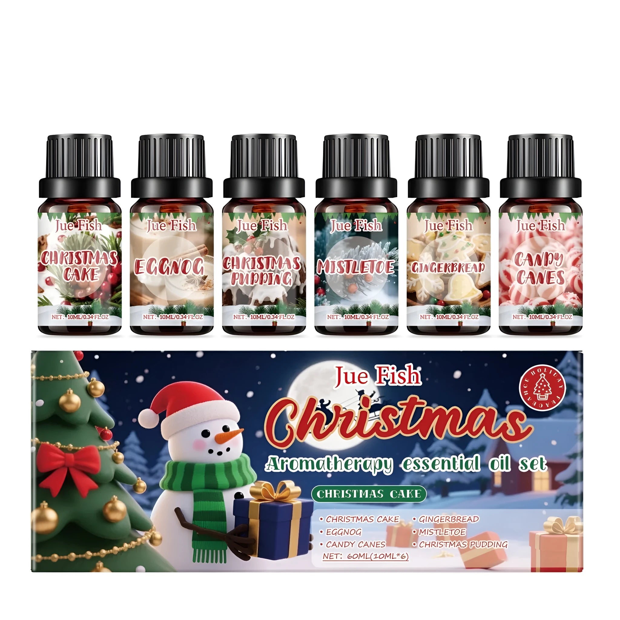 Christmas essential oil set with six 10ml bottles of festive fragrances for aromatherapy