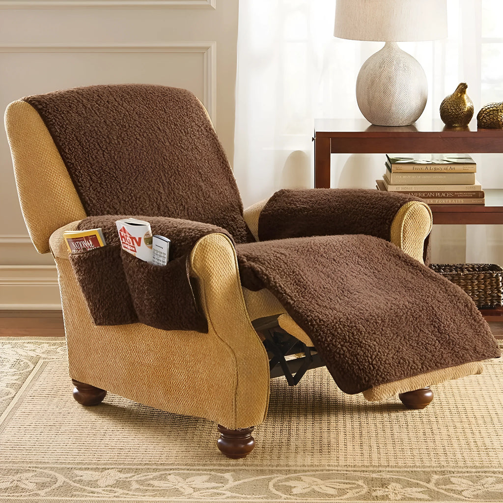 Lambswool coloured polyester sofa slipcover shown on a cushion, available in multiple sizes.