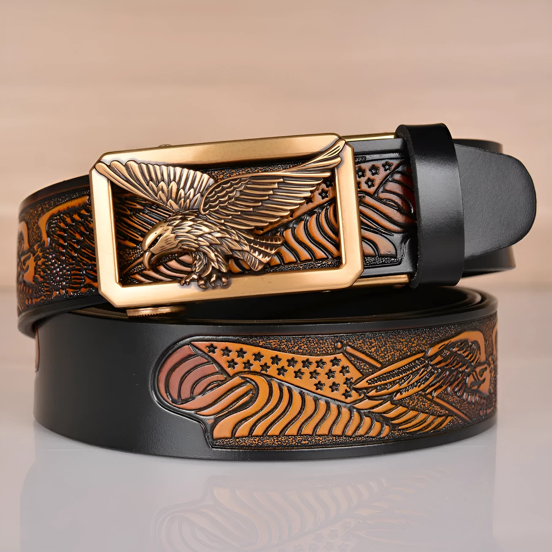 Leather men's belt cowhide eagle embossed automatic buckle 110-130cm black bronze buckle