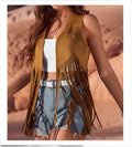 Brown faux suede tassel vest sleeveless hippie cardigan jacket for women, Asian sizes S-2XL
