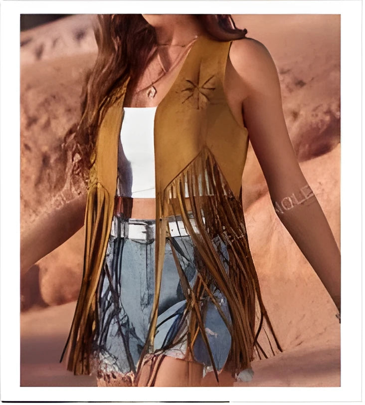 Brown faux suede tassel vest sleeveless hippie cardigan jacket for women, Asian sizes S-2XL