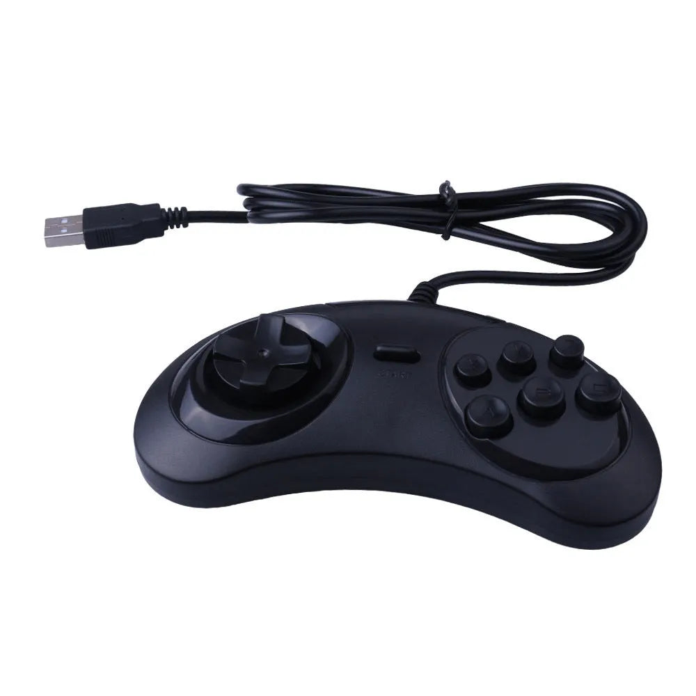 Black USB game controller with 1.8 metre wire and Sega-style button layout