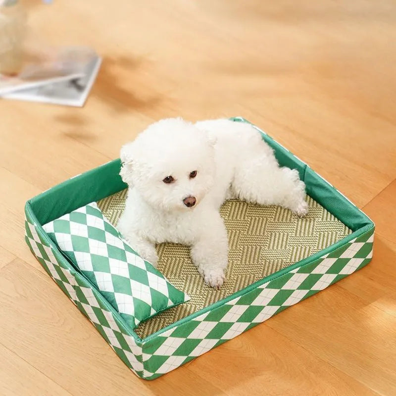 Blue rattan cat litter mat and bed showing woven texture with size options displayed
