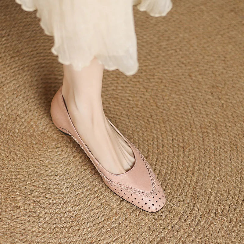 Women's hollow-out mid heel sandals in goat leather with beef tendon sole