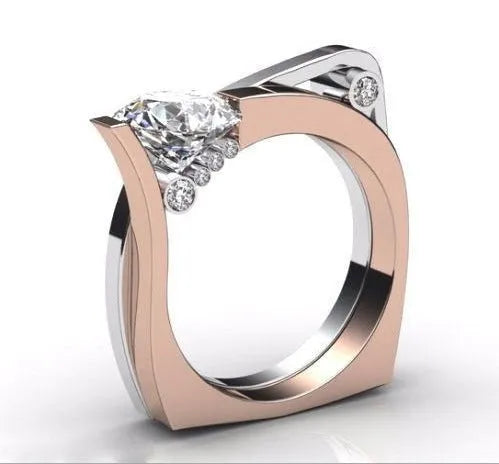 Rose gold couple rings with zircon stone inlays and geometry design on finger