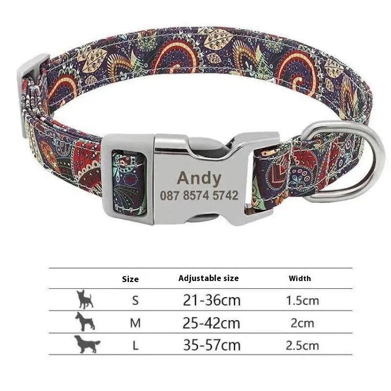 Striped canvas dog collar with semi-metal buckle in bohemian blue colour with adjustable sizing.