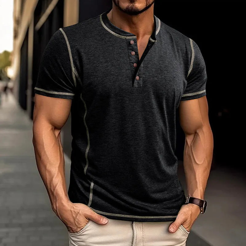 Men's short sleeve polo shirt summer solid colour cotton blend button top khaki