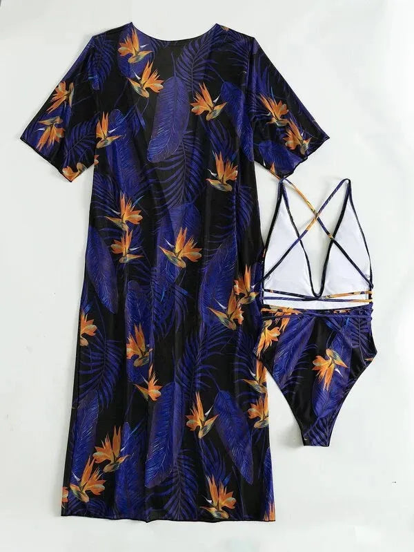 Women's three-piece swimsuit bikini set with cover-up coat in pattern design