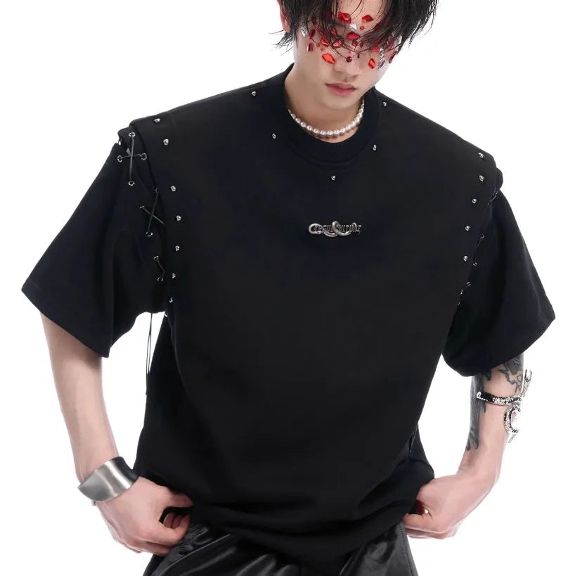 Women's black deconstruction t-shirt with a front lace-up cutout detail and short sleeves.