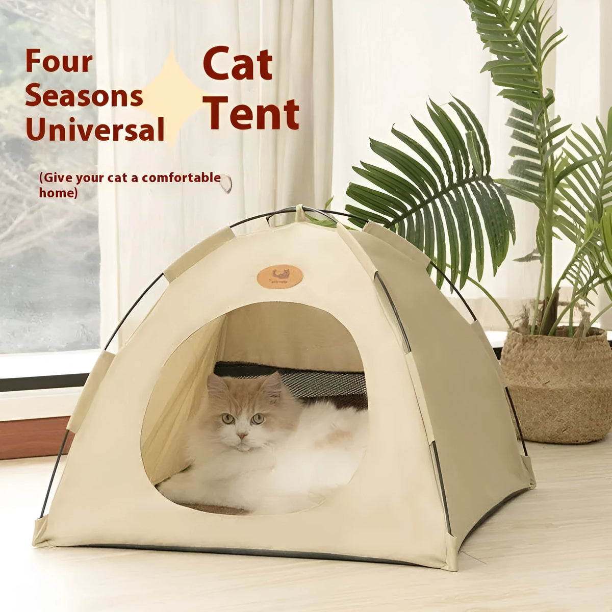 Four Seasons semi-enclosed washable cat tent in beige with summer mat and three self-hi balls