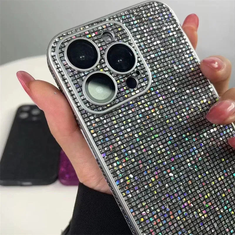 16 Por phone case with diamond lens protector in black for iPhone 12-16 series, PC material, drop-resistant