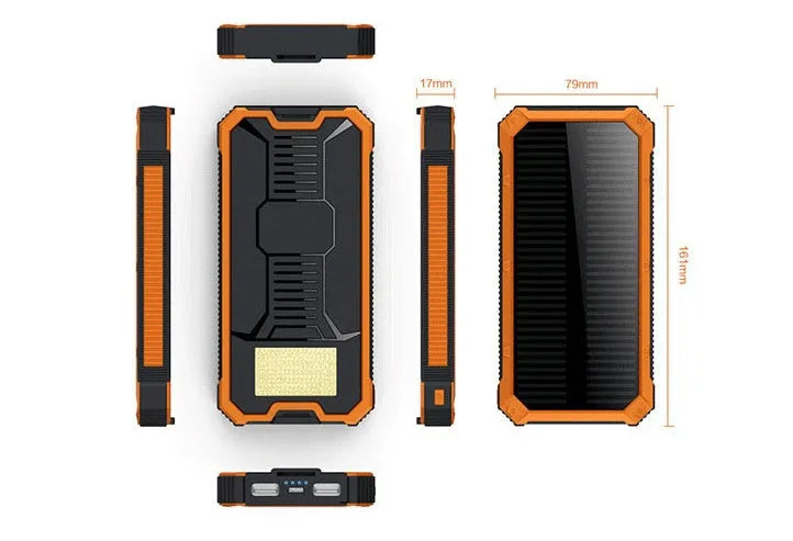 Solar power bank in orange, green, black, or yellow with display showing 6000, 8000, and 10000mAh capacity options.