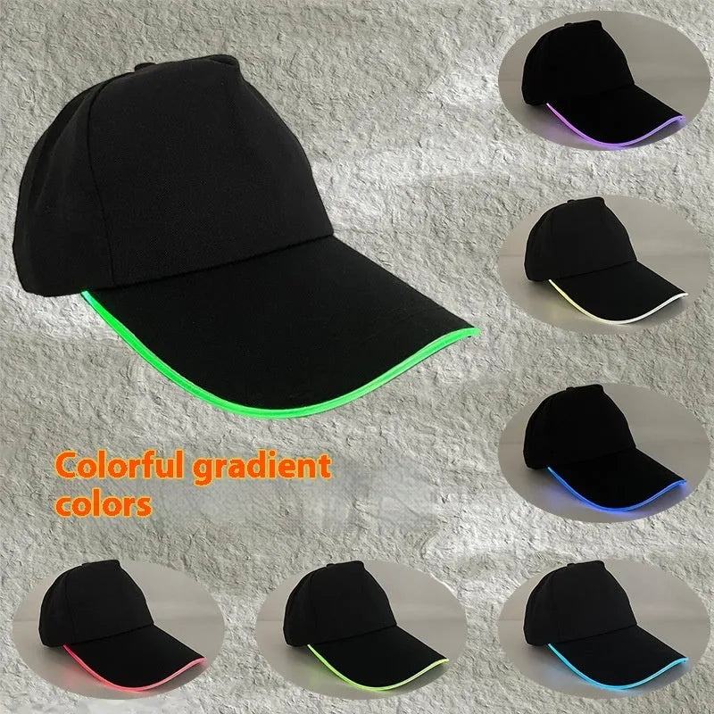 Halloween LED baseball cap showing integrated lighting effects in various pumpkin and solid colour designs