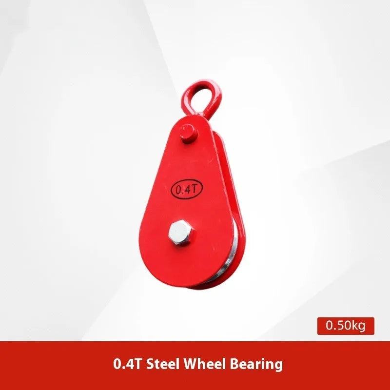 Red industrial lifting pulley with a forged steel safety latch hook and wire rope wheel.