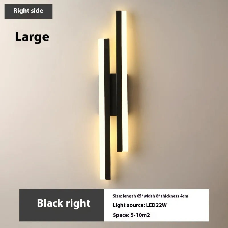 Modern minimalist Scandinavian LED wall light with acrylic shade in black or gold finish, shown in 48cm, 50cm, and 65cm sizes.