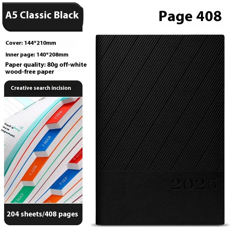 A4 striped PU leather business notepad open on a desk showing 80g paper, available in eight colours.