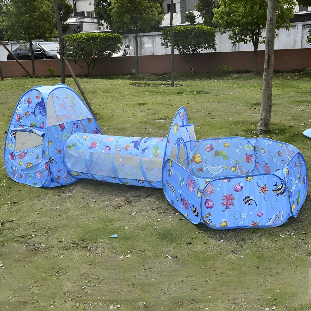 Cartoon themed three-in-one children's play tent with ball pool and tunnel