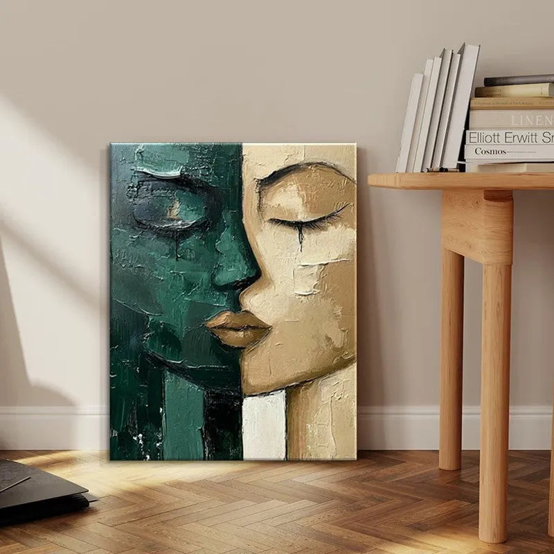 Hand-painted oil painting modern art green and beige abstract face on canvas wall decor for living room
