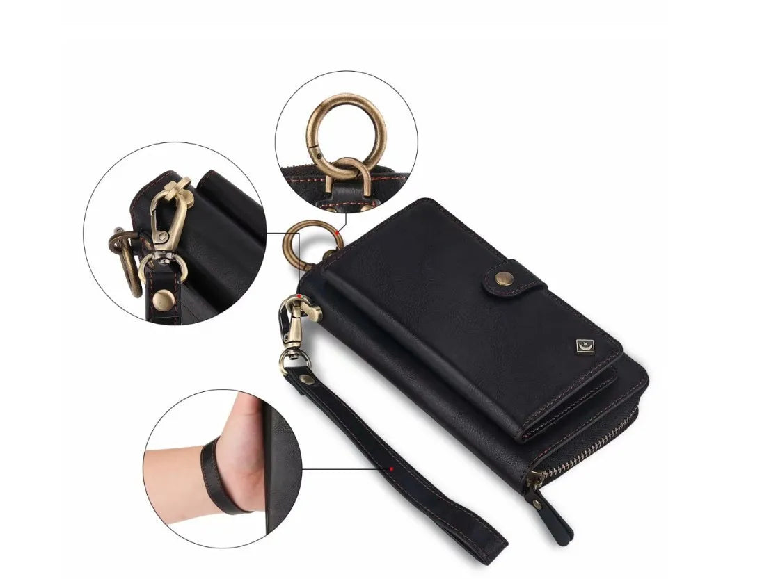 Black imitation leather multi-function wallet phone case for Samsung Galaxy Note8 with zipper closure.