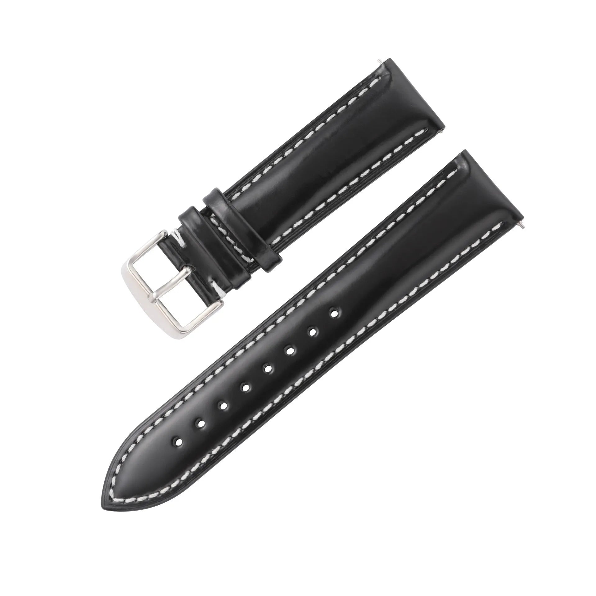 Quick release leather watch strap in bright cowhide, showing colour options and width sizes from 18mm to 22mm.