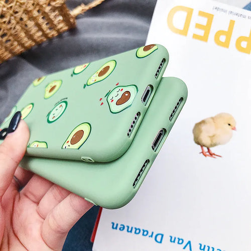 A green cartoon avocado design on a flexible TPU phone case for iPhone and Android models.