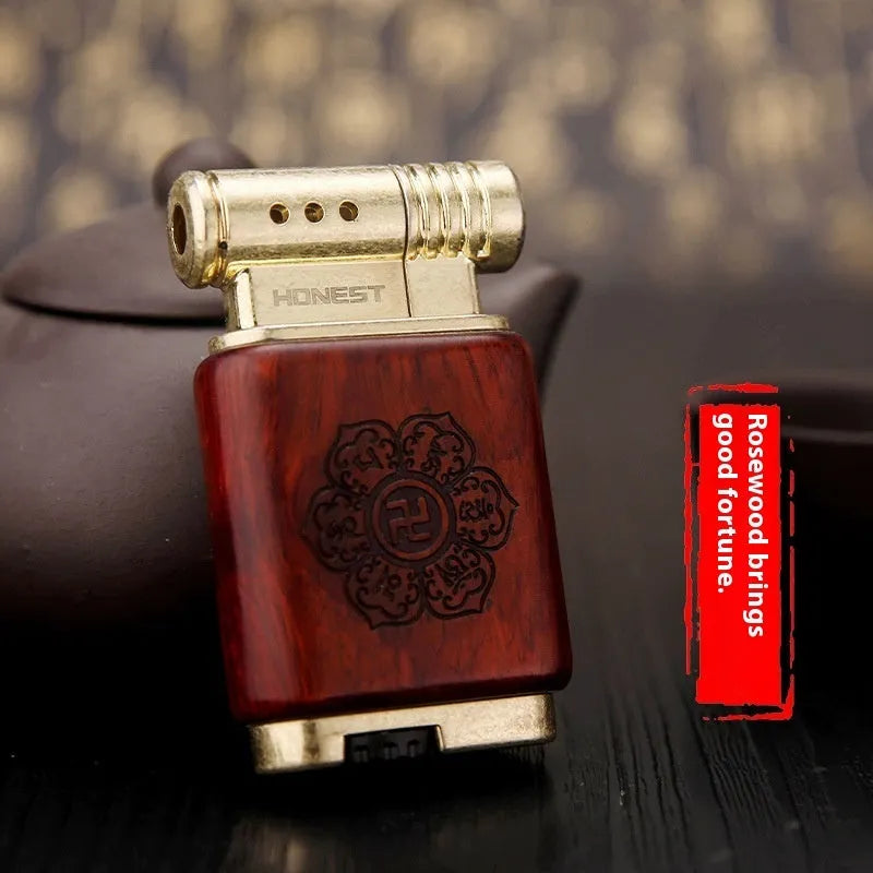 Personality And Creativity Ebony Gas Lighter with black wood inlay and metal body on white background