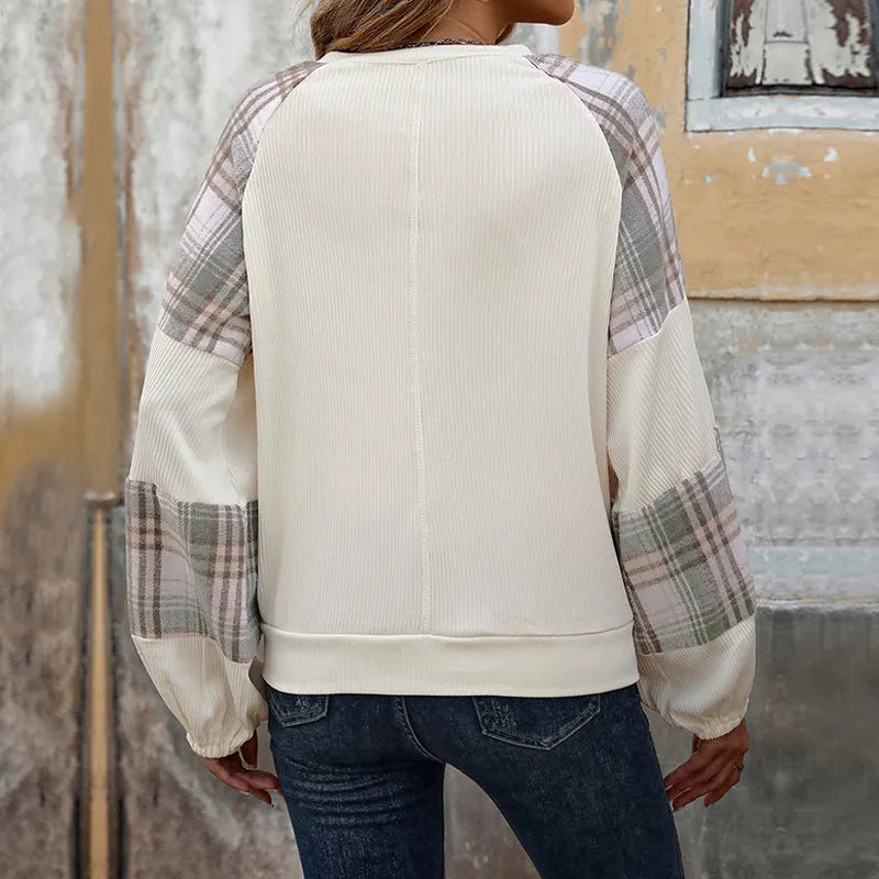 Loose plaid colorblock round neck sweater for women in apricot with long sleeves and pullover style