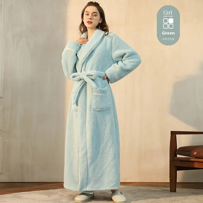 Super thick flannel couple's bathrobe in navy blue, shown on a hanger.