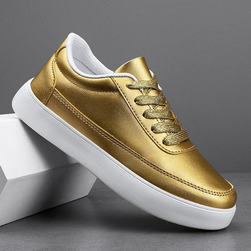 Women's leather lace-up flat casual shoes in white, silver or gold colour options