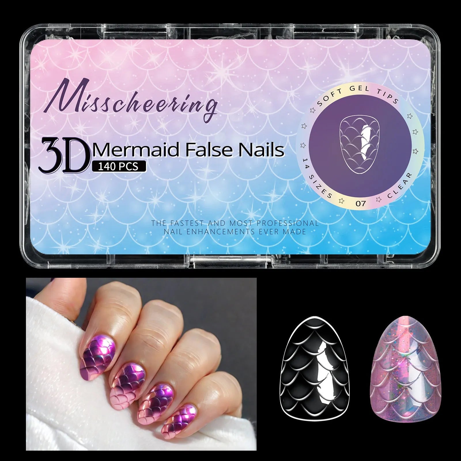 Pack of 3D Scale Long Shaping Nail Tips showing textured surface, labelled with Frigate Box variant code.