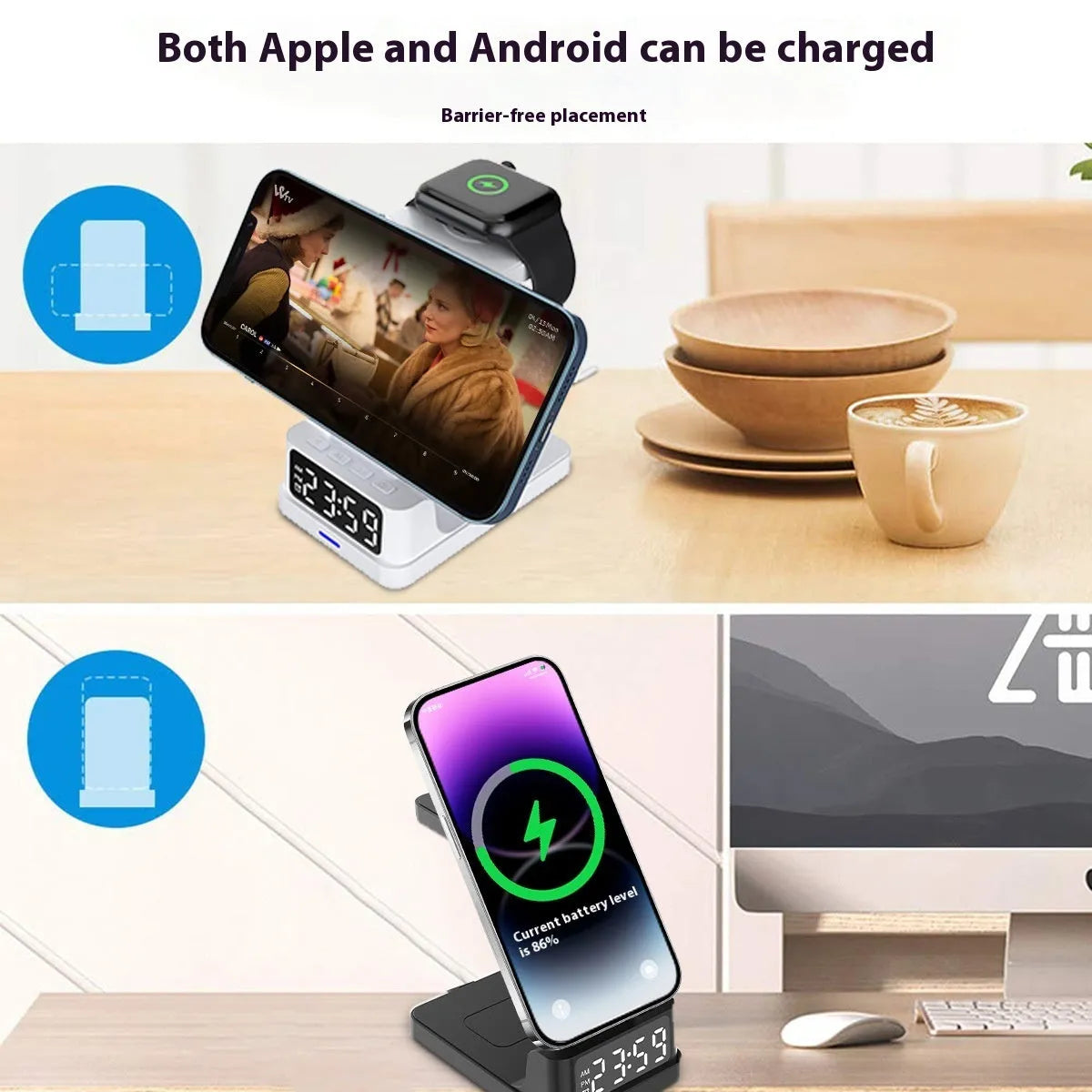 Black magnetic three-in-one wireless charger with clock and three charging pads on a desk