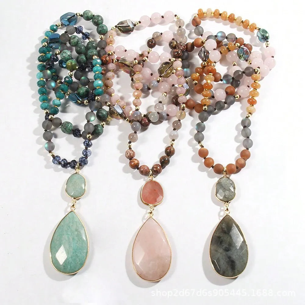Women's handmade glass knotted necklace with natural stone pendant in green, gray, and pink – 81cm long