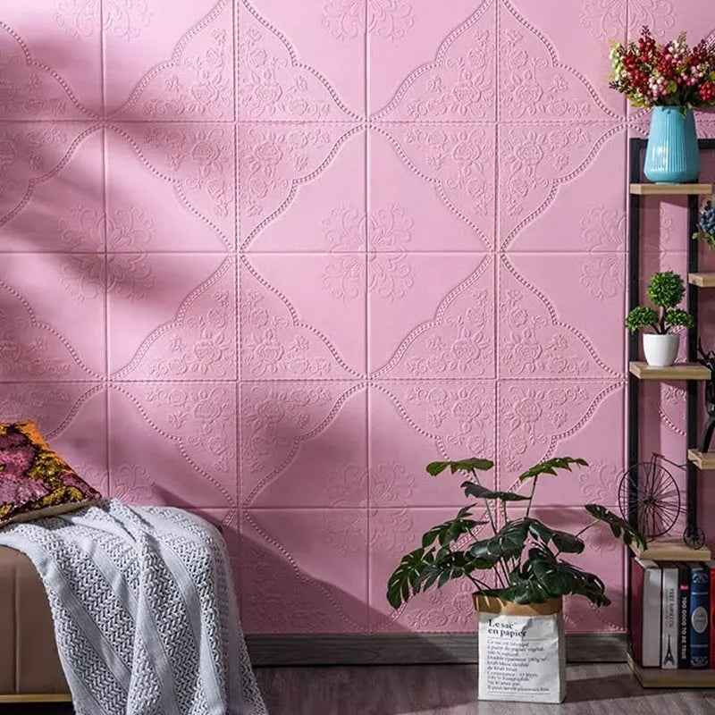 Square light blue plants and flowers pattern foam wall sticker with three-dimensional design, 70cm wide.