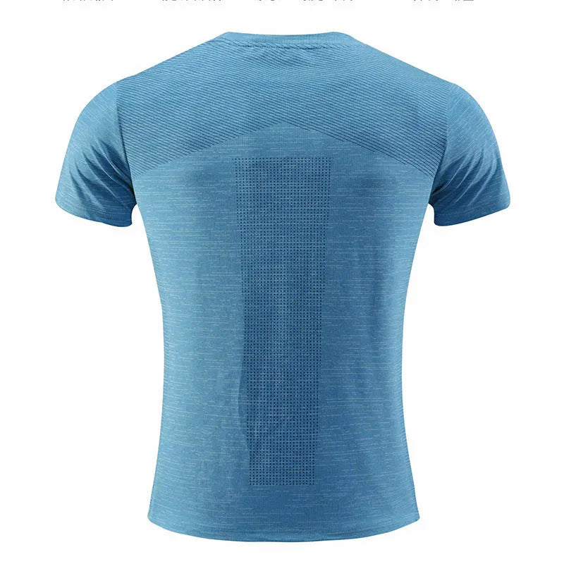 Men's short sleeve running t-shirt in polyester spandex fabric on a size chart