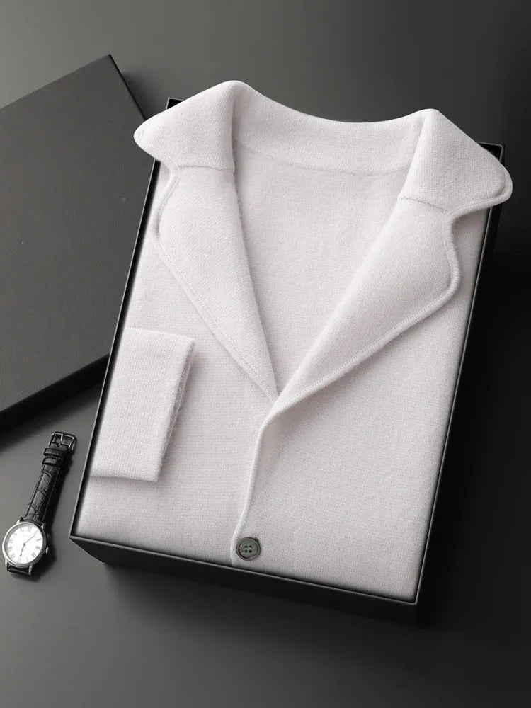 Men's loose fit cashmere cardigan jacket in light grey on a hanger