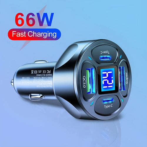 66W black digital display car charger with two USB and two Type-C ports for fast charging
