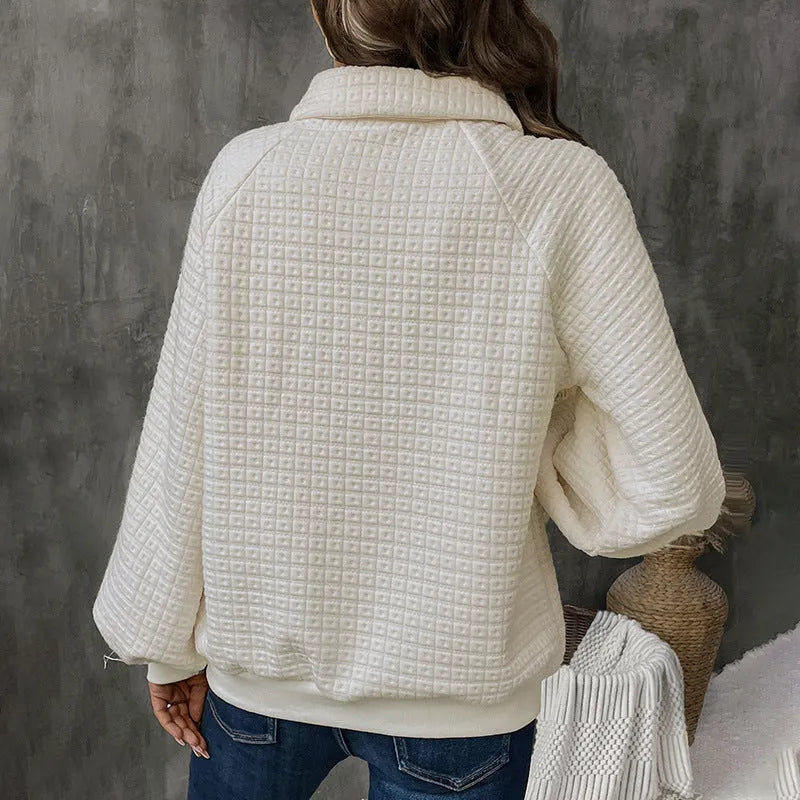 Women's milk white polo collar thick sweater with textured fabric and long sleeves