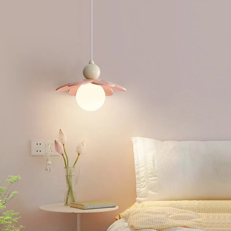 Modern minimalist cream style bedside chandelier with warm light option in pink finish for bedroom