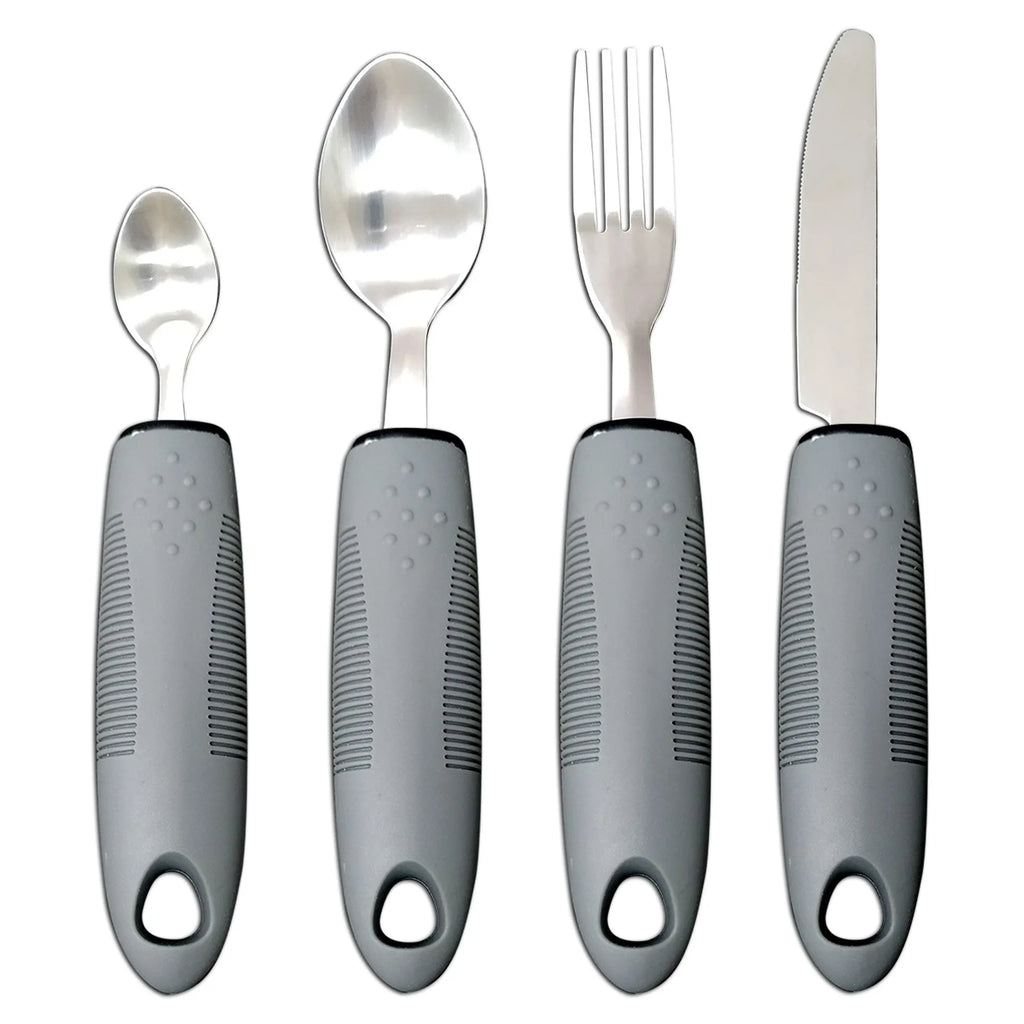 Stainless steel adaptive cutlery set with rubber handles for elderly or disabled users
